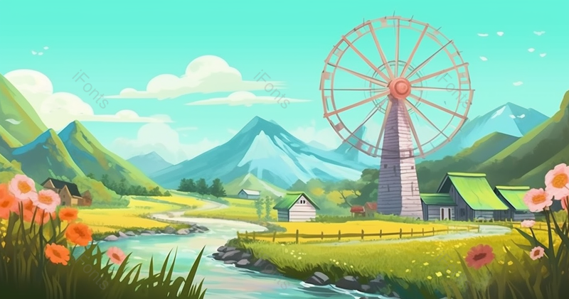 二十四节气小满时节农村乡村田园田野花朵盛开绿色的草地小溪流和水车风景插画壁纸,插画/手绘图,插画/手绘图库,插画/手绘图下载,插画/手绘